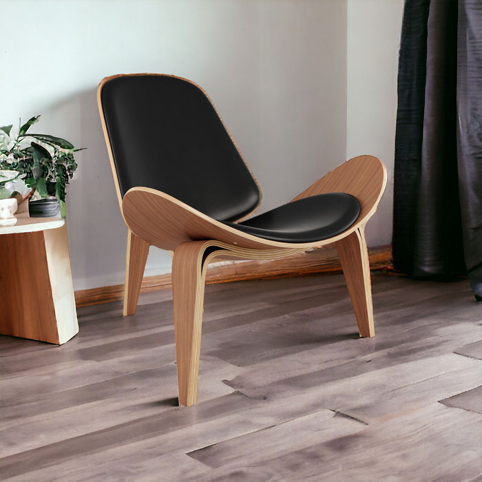 Genuine Leather Lounge Chair - Black And Wood Brown