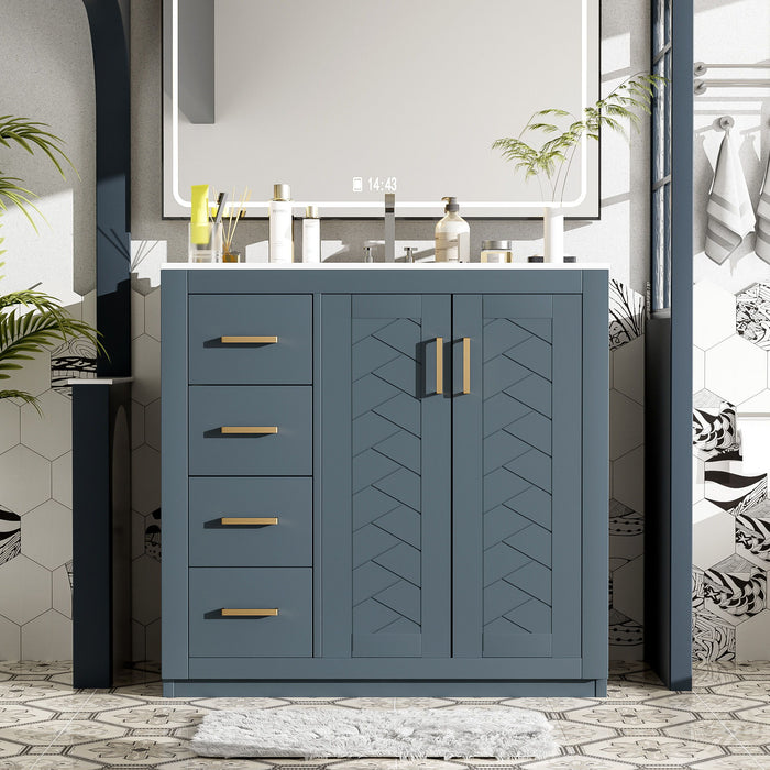 Giga bathroom vanity with sink, storage cabinet, three drawers, and soft-closing doors in a freestanding set, modern design.