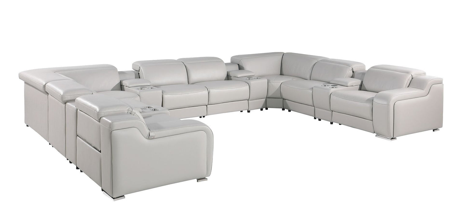 Italian Leather Power Reclining U Shaped Twelve Piece Corner Sectional With Console - Light Gray