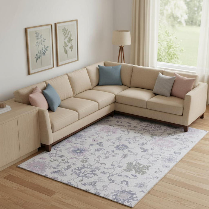 10' X 14' Floral Washable Area Rug With UV Protection (705917) - Lavender / Gray