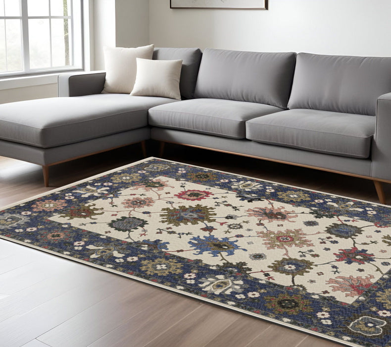 7' X 10' Floral Area Rug With Fringe - Blue / Ivory