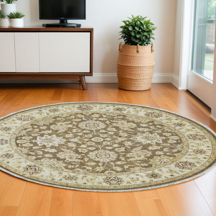 8' Wool Oriental Hand Knotted Round Rug - Brown Gold And Tan
