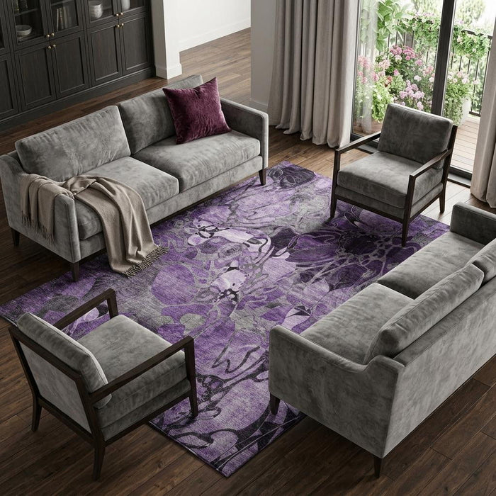 8' X 10' Abstract Distressed Washable Area Rug With UV Protection (648998) - Purple / Ivory