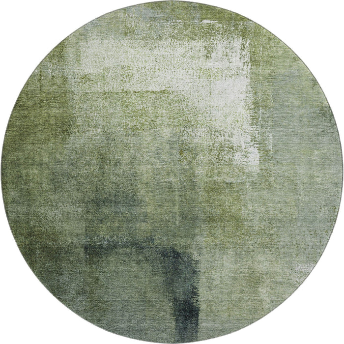 8' Abstract Washable Round Rug Polyester With UV Protection - Green And Ivory