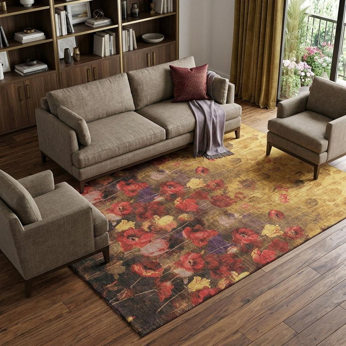 10' X 14' Floral Washable Area Rug With UV Protection (678191) - Gold / Red / Yellow