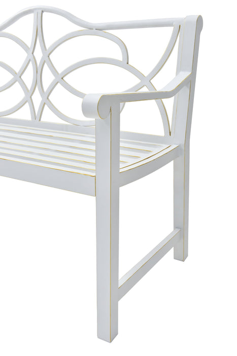 Giga outdoor white garden patio bench with backrest and armrests, slatted seat for 2-3 people, suitable for yard, porch, or balcony.