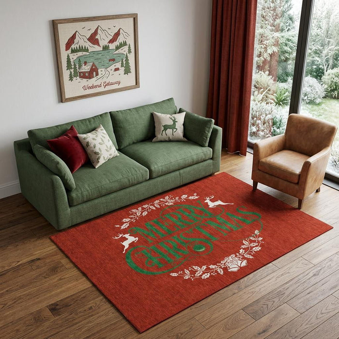 5' X 8' Christmas Washable Area Rug With UV Protection (646435) - Green / Ivory / Ruby Red