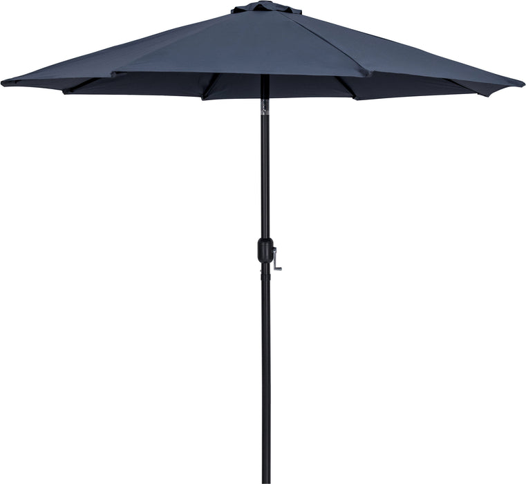 Meridian Furniture Fiji aluminum patio umbrella with round white and black base, providing shade for outdoor seating.