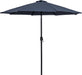 Meridian Furniture Fiji aluminum patio umbrella with round white and black base, providing shade for outdoor seating.