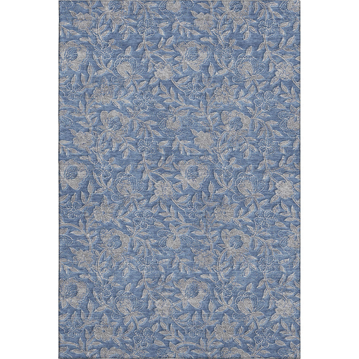 10' X 14' Floral Washable Area Rug With UV Protection - Denim Blue And Taupe