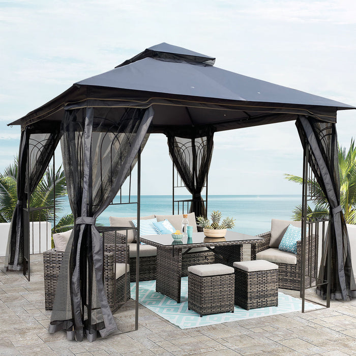 Giga patio gazebo tent with ventilated double roof and mosquito net, providing shaded outdoor shelter and insect protection.