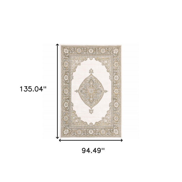 7.9' x 11.3' Oriental Power Loom Area Rug - Beige And Ivory