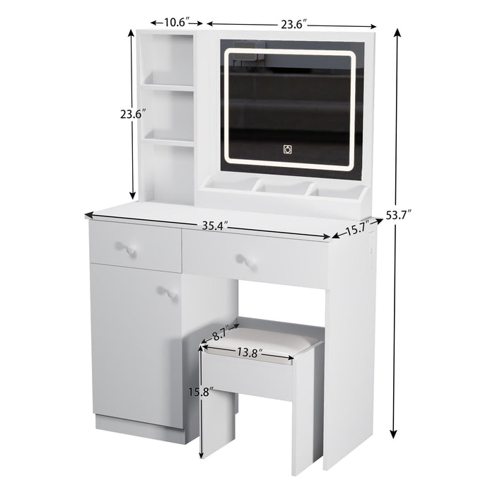 White Giga fashion vanity desk with mirror, adjustable lights, and two drawers, ideal for makeup and beauty routines.