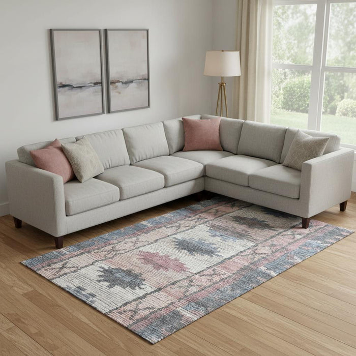 10' X 14' Tribal Washable Area Rug With UV Protection (709030) - Denim Blue / Blush / Ivory