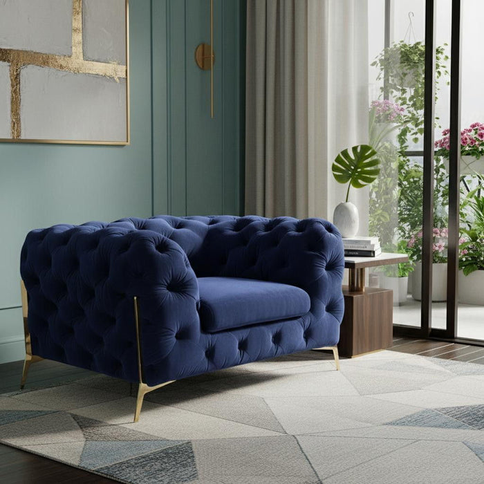 Tufted Velvet And Gold Solid Color Lounge Chair - Blue