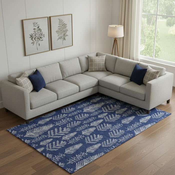 10' X 14' Floral Washable Area Rug With UV Protection (701768) - Navy Blue / Ivory