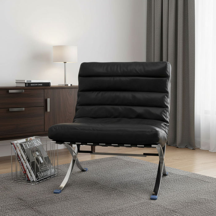 Tufted Leather Upholstered Folding Lounge Chair - Black / Silver