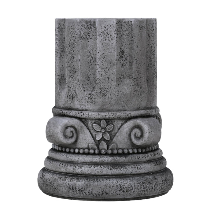 Giga outdoor round end table in antique gray, ideal for patio and garden seating, with a sturdy metal frame and decorative design.