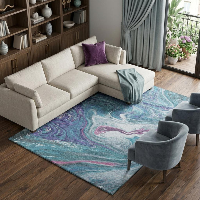 10' X 14' Abstract Washable Area Rug With UV Protection (683165) - Teal / Purple / Ivory