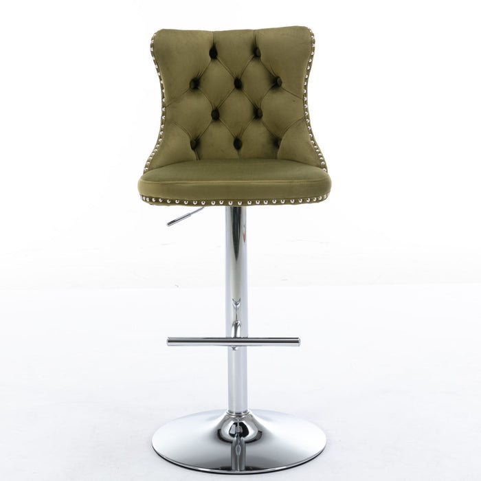 Set of two Giga modern upholstered swivel barstools with tufted backs, adjustable height 25-33 inches, ideal for kitchen or pub.