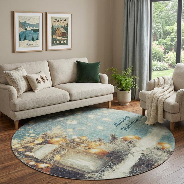 8' Christmas Distressed Washable Round Rug With UV Protection (646418) - Blue / Gold / Ivory