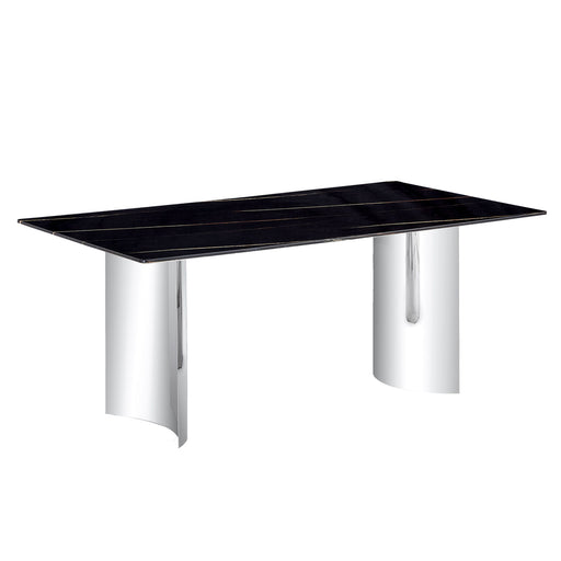 Modern minimalist Giga dining table with a sleek marble glass top and sturdy wooden legs, perfect for contemporary dining spaces.