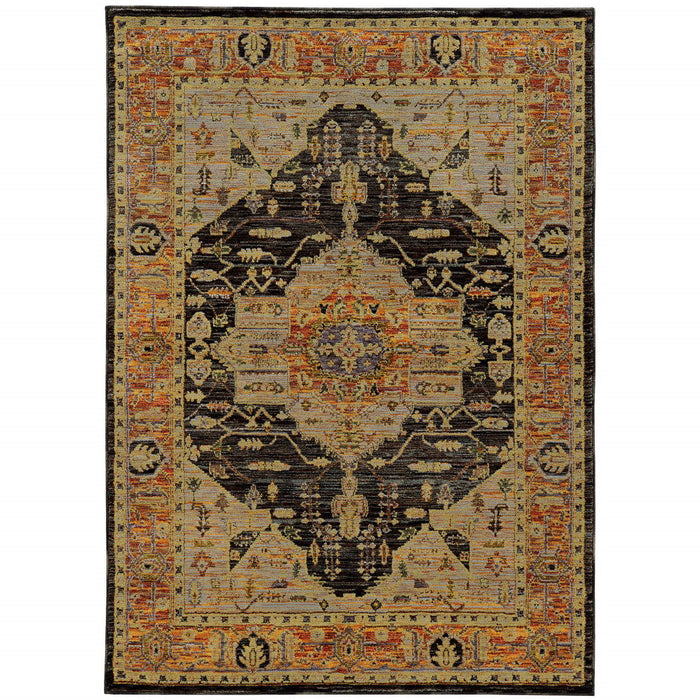 8' x 11' Oriental Power Loom Area Rug - Black And Gold