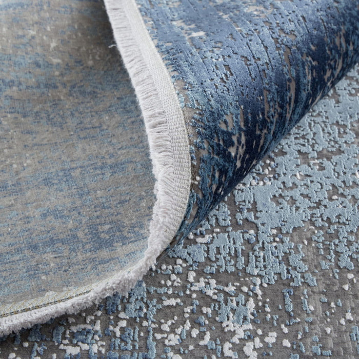 3' x 10' Abstract Power Loom Distressed Runner Rug With Fringe - Blue Gray And Silver