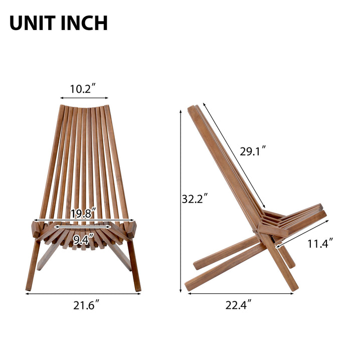 Giga folding wood chair, portable solid wood armless seating for indoor or outdoor use, natural finish with smooth surface