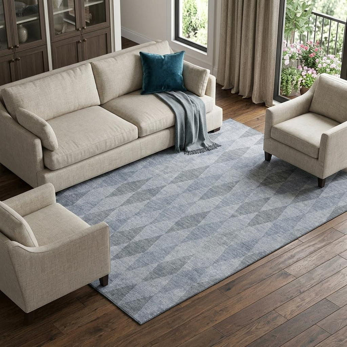 10' X 14' Geometric Washable Area Rug With UV Protection (649360) - Denim Blue / Ivory