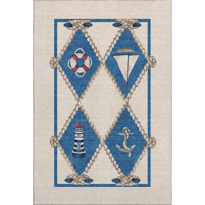 9' X 12' Nautical Washable Area Rug With UV Protection - Ivory And Red