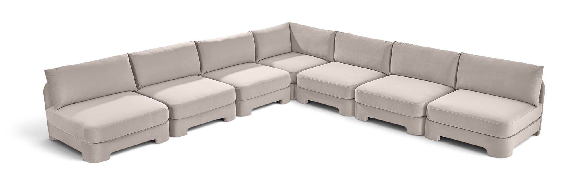 Meridian Furniture velvet upholstered 7-piece armless sectional sofa from Hammond collection, featuring plush fabric and modern design.
