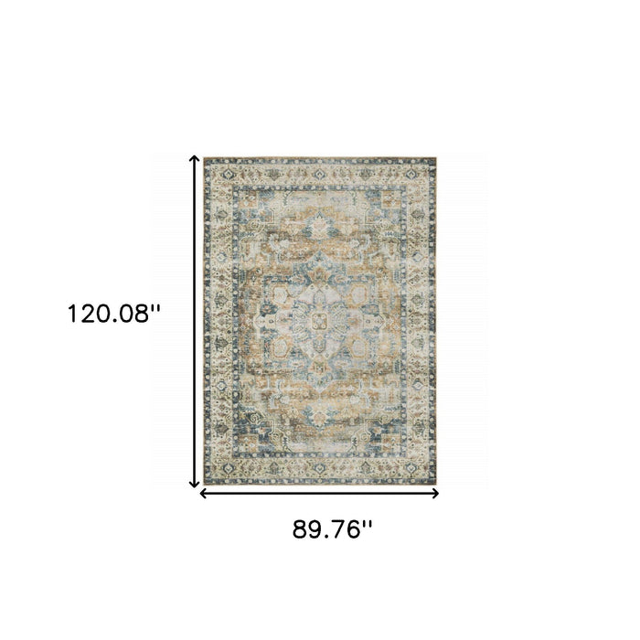 7' x 10' Oriental Printed Stain Resistant Non Skid Area Rug - Blue Gold Brown Green And Salmon