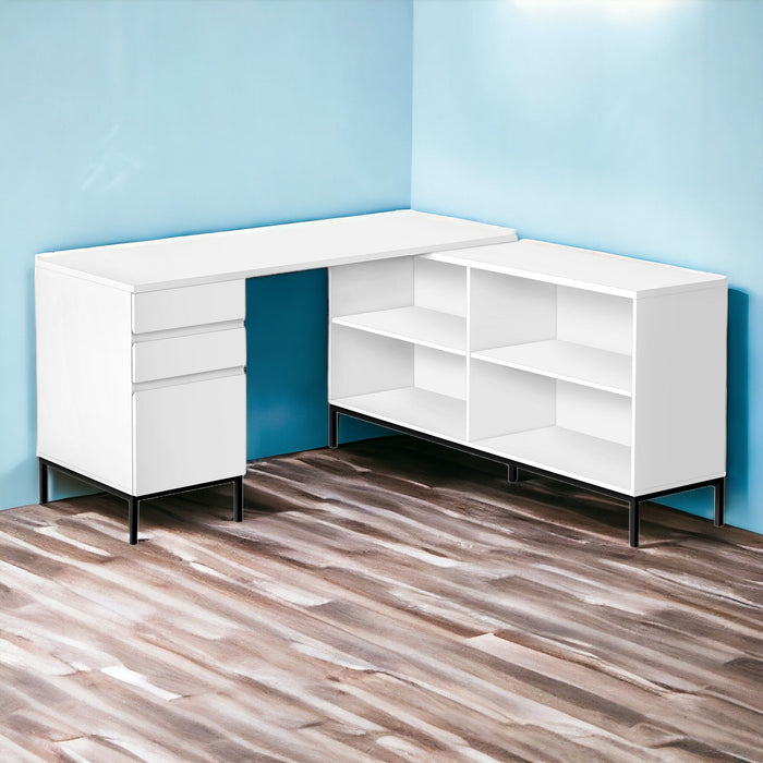 60" L Shape Computer Desk With Three Drawers - White And Black