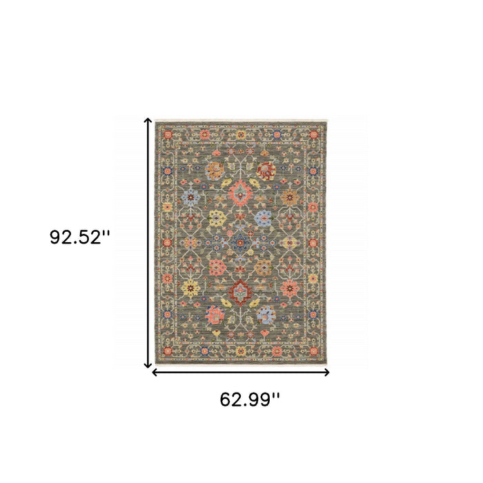 5' x 8' Oriental Power Loom Stain Resistant Area Rug With Fringe - Gray Salmon Pink Gold Blue Rust Deep Blue Ivory And Green