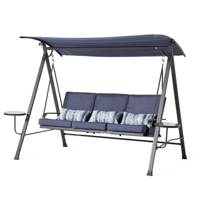 Blue steel 3-seater patio swing with canopy by Giga, showing the swing with cushioned seats and a protective canopy.