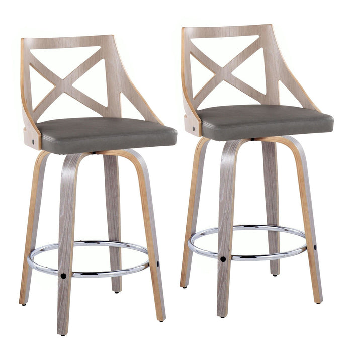 Charlotte - Fixed-Height Counter Stool (Set of 2) - Light Gray Wood, Gray Faux Leather, Chrome Metal