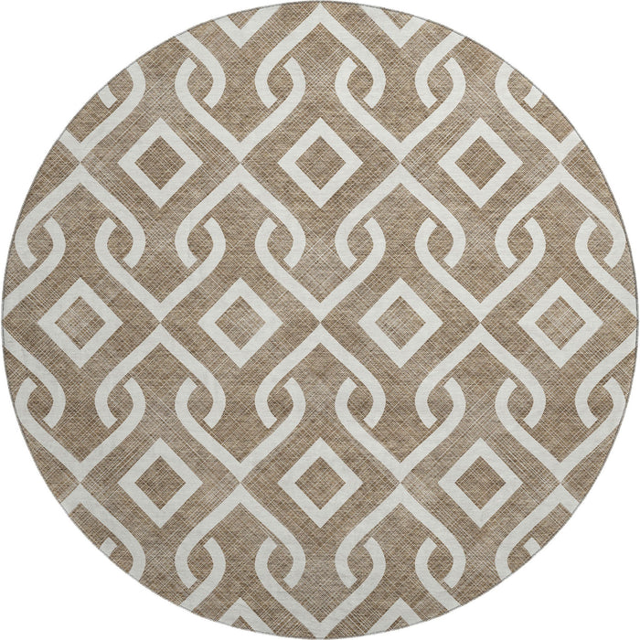 8' Geometric Washable Round Rug With UV Protection (652482) - Brown / Ivory