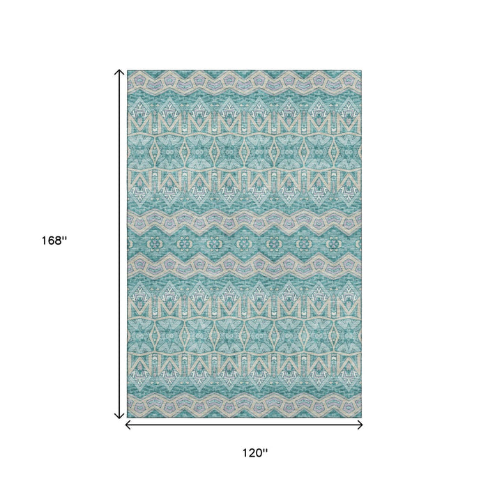 10' X 14' Moroccan Washable Area Rug With UV Protection (672302) - Teal / Beige / Ivory