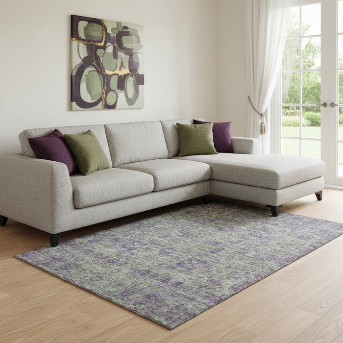 10' X 14' Floral Washable Area Rug With UV Protection (653380) - Fern Green / Purple