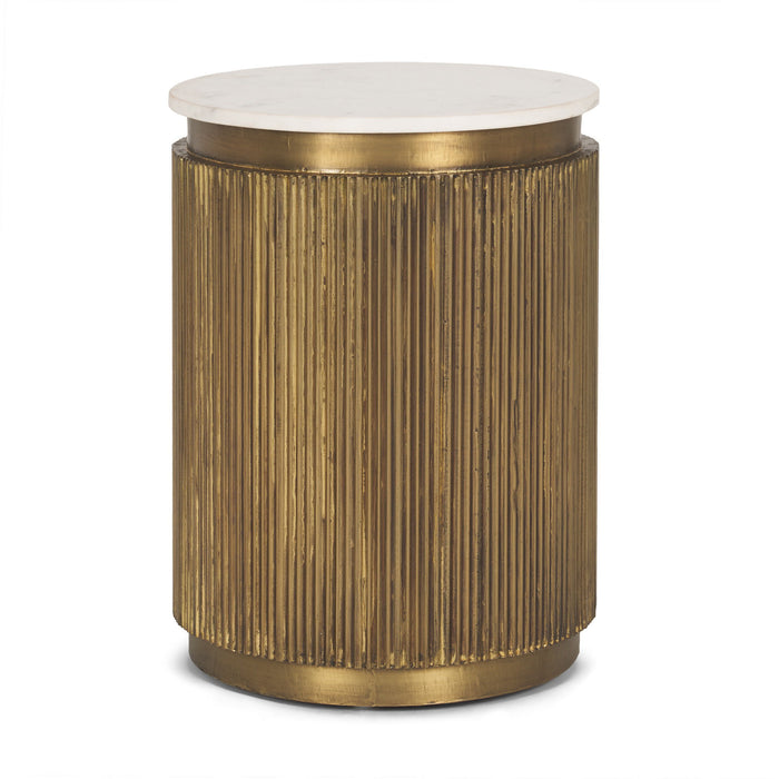 Stone And Brass Round Block End Table - White / Gold