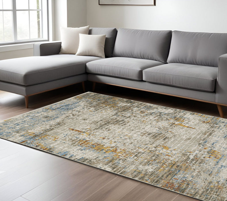 10' x 13' Abstract Power Loom Stain Resistant Area Rug With Fringe - Beige Gray Brown Gold Red And Blue