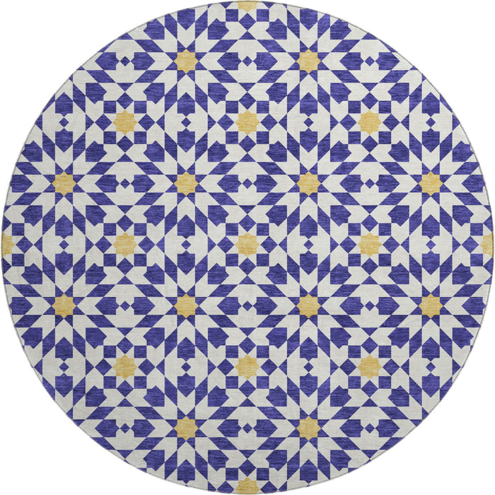 8' Geometric Washable Round Rug With UV Protection - Navy Blue