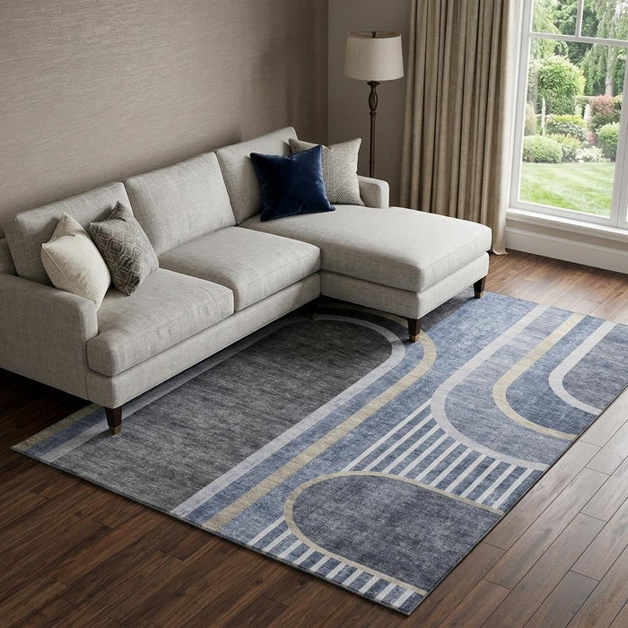 8' X 10' Geometric Washable Area Rug With UV Protection (647912) - Navy Blue / Khaki