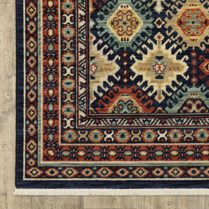 5' X 8' Oriental Area Rug With Fringe - Navy Blue And Orange
