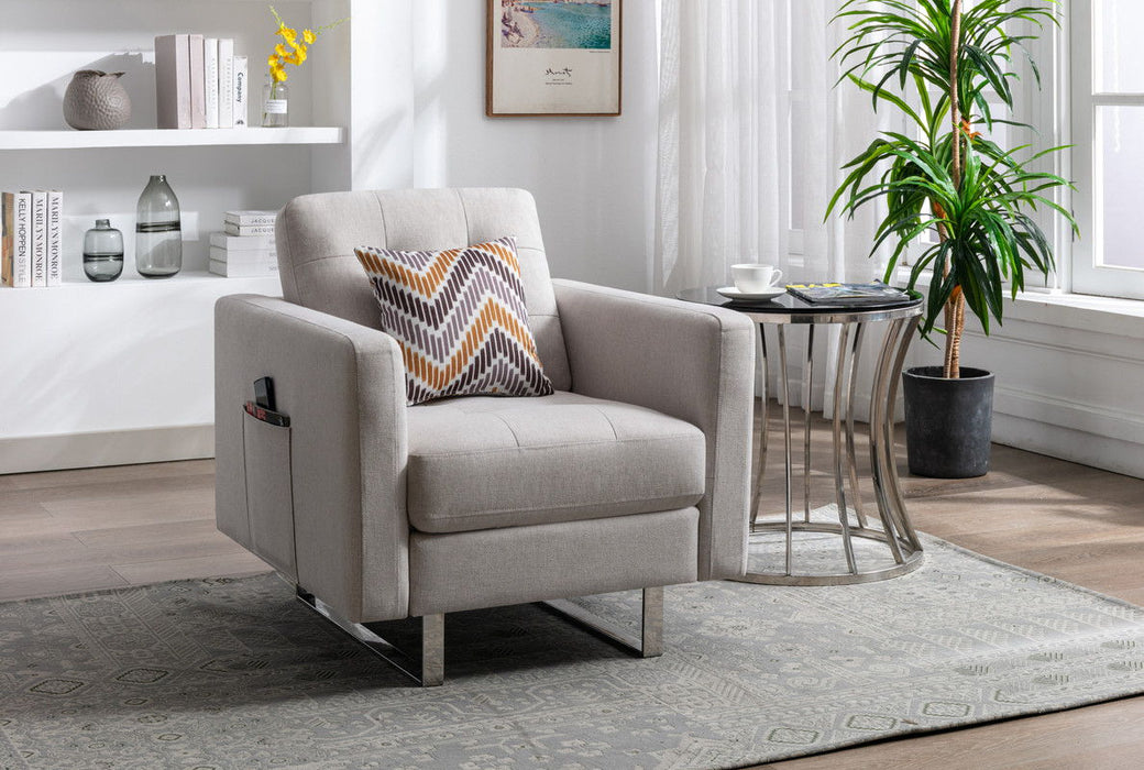 Giga Victoria fabric armchair with metal legs, side pockets, and a pillow, modern and comfortable seating for living rooms.