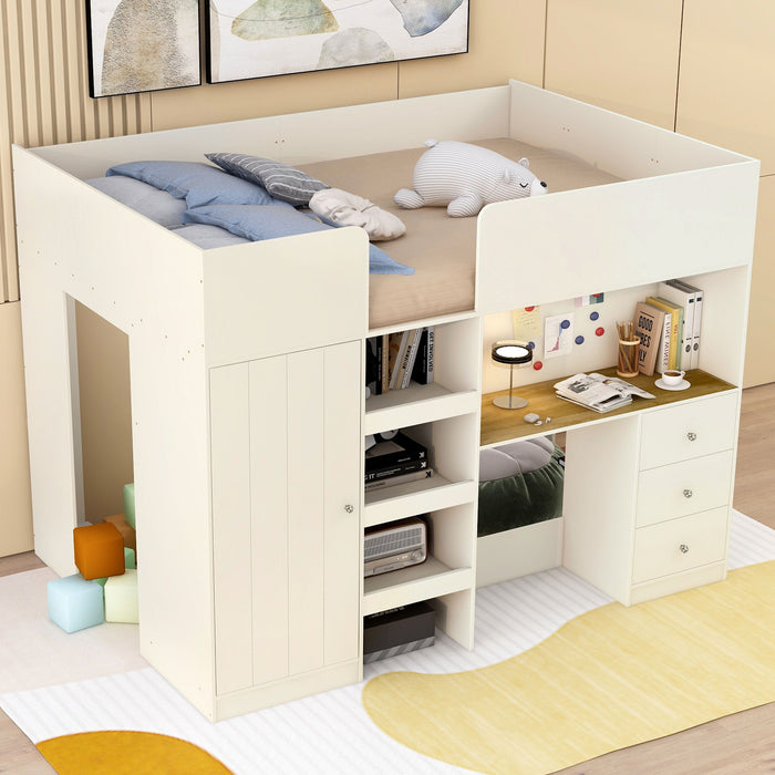 Giga loft bed with built-in wardrobe, desk, shelves, and drawers in a modern bedroom setting.