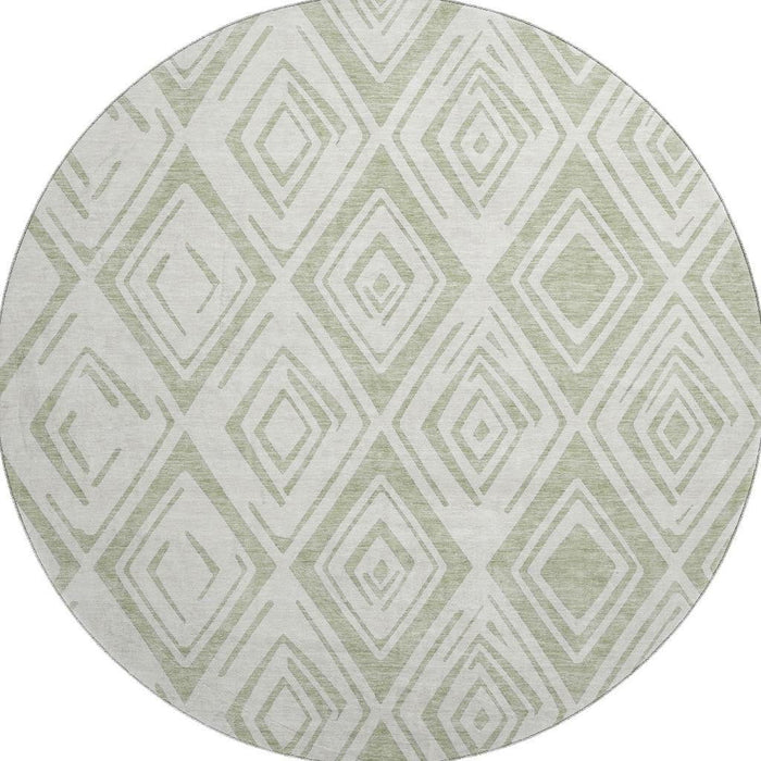 8' Diamond Washable Round Rug With UV Protection - Artichoke Green And Ivory