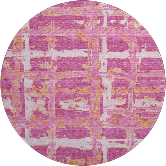 8' Transitional Striped Washable Round Rug With UV Protection - Blush