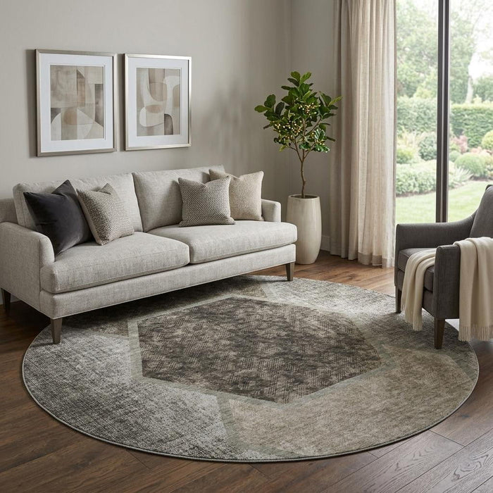 8' Geometric Washable Round Rug With UV Protection (655899) - Taupe / Brown